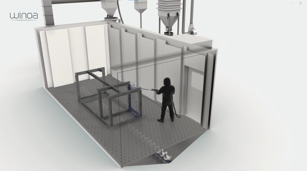 Operator using airblast in a shot blasting room